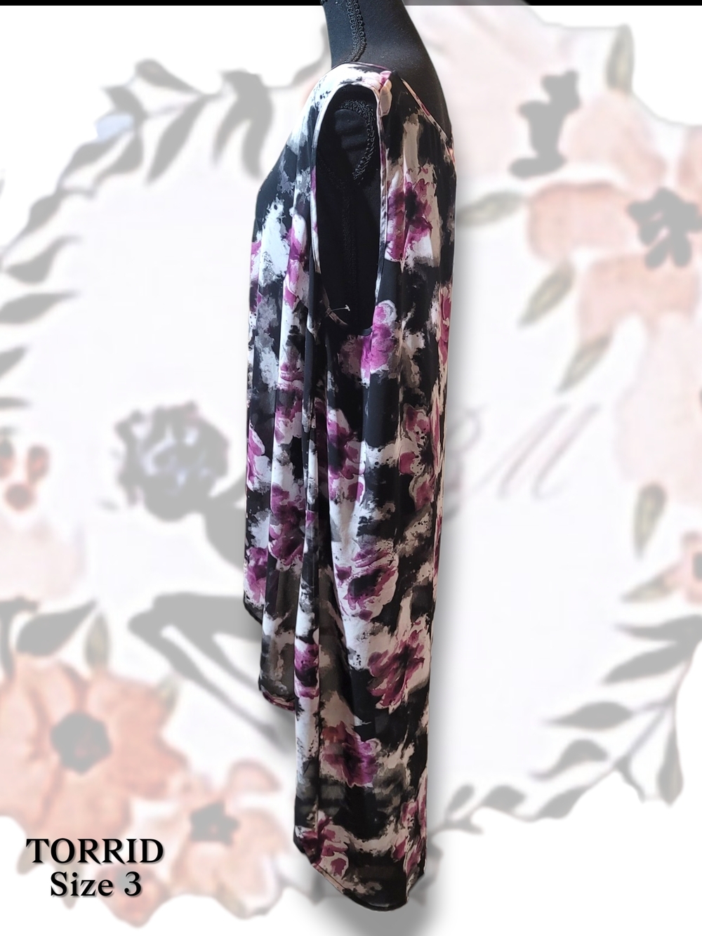 Torrid Sheer Floral Print Cold-Shoulder High-Low Tunic Top Size 3 - Picture 5 of 6